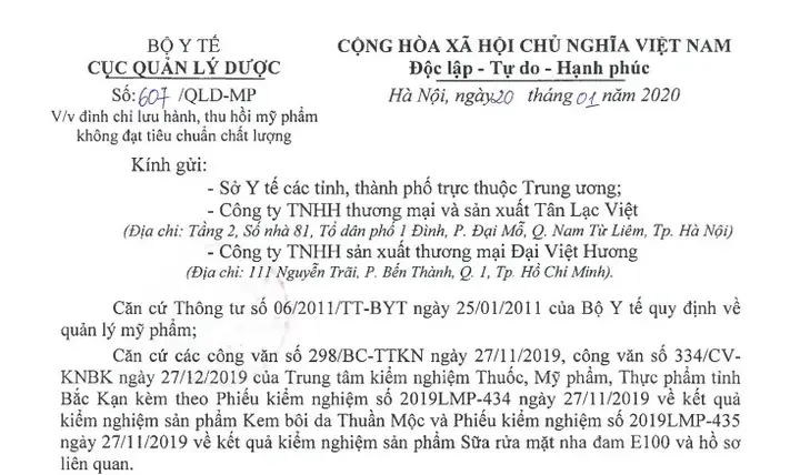 Sữa Rửa Mặt Nha Đam E100 Bị Thu Hồi: Thông Tin Chính Thức Và Lý Do
